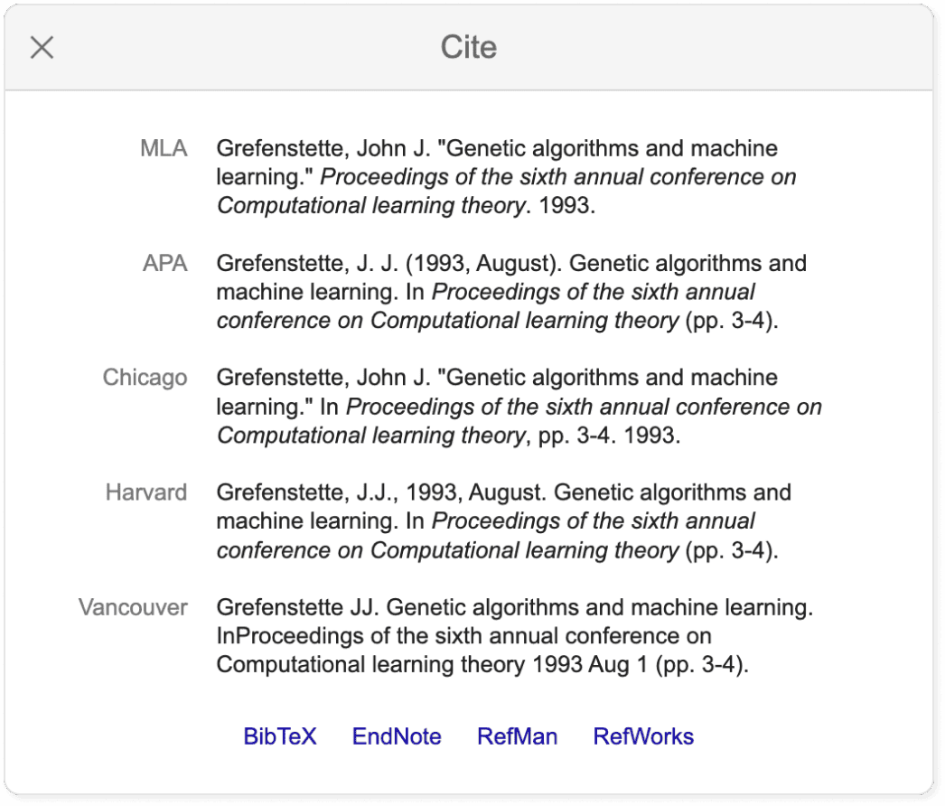 Google Scholar citation panel